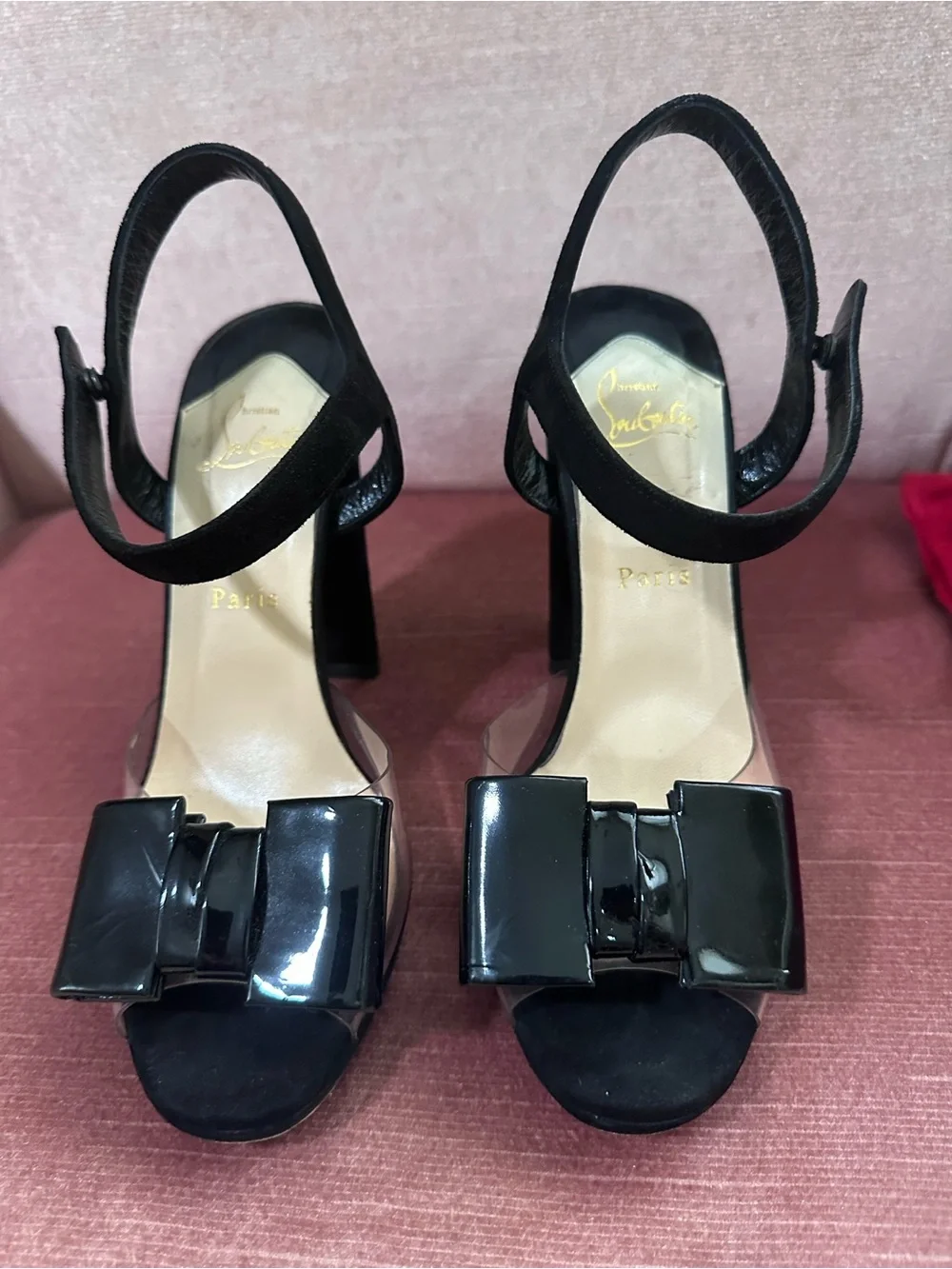 Christian Louboutin Black Patent Bow Block-Heel Sandals with Suede and PVC Vamp